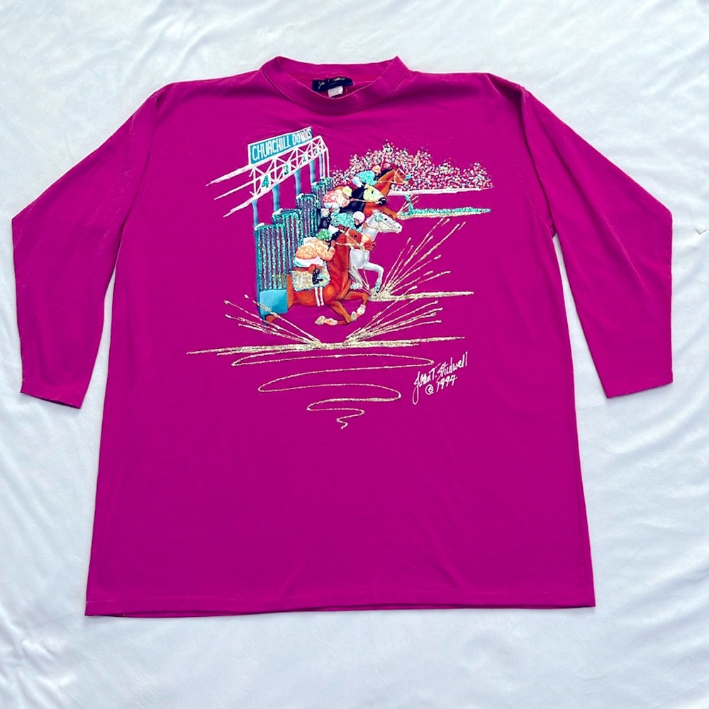 ✨️Joan Studwell Hand Painted🏇 KY Derby🏇 Vibrant Pink Graphic Women's Top